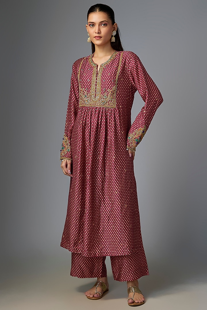 Maroon Silk Tencel Embroidered & Printed Kurta Set by Niti Bothra at Pernia's Pop Up Shop
