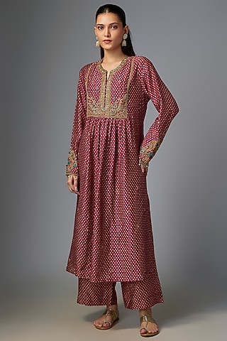 Maroon Silk Tencel Embroidered & Printed Kurta Set by Niti Bothra