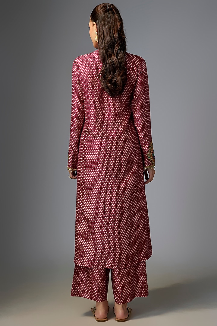 Maroon Silk Tencel Embroidered & Printed Kurta Set by Niti Bothra at Pernia's Pop Up Shop