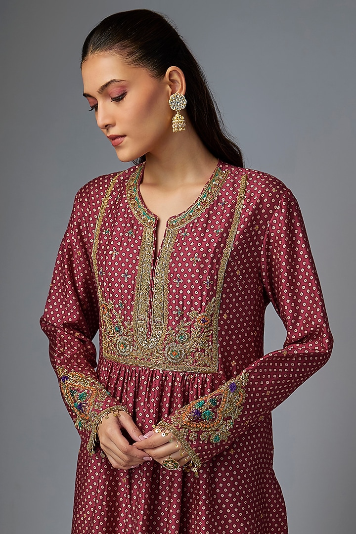 Maroon Silk Tencel Embroidered & Printed Kurta Set by Niti Bothra at Pernia's Pop Up Shop