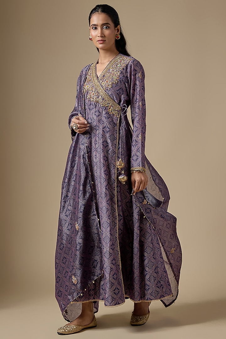 Purple Silk Chanderi Zardosi Embroidered & Printed Kurta Set by Niti Bothra at Pernia's Pop Up Shop
