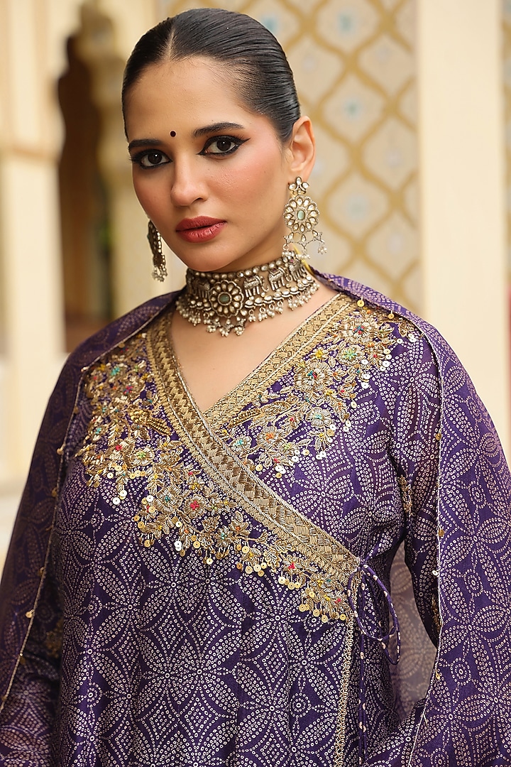 Purple Silk Chanderi Zardosi Embroidered & Printed Kurta Set by Niti Bothra at Pernia's Pop Up Shop