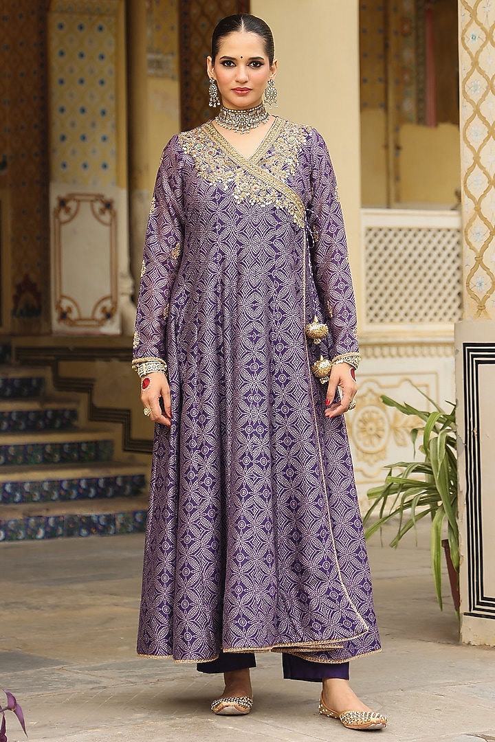 Purple Silk Chanderi Zardosi Embroidered & Printed Kurta Set by Niti Bothra at Pernia's Pop Up Shop