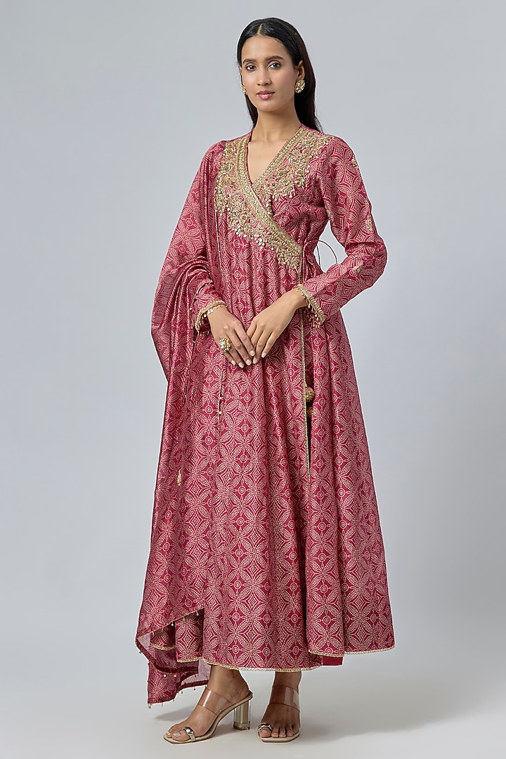 Maroon Silk Chanderi Bandhej Printed Angrakha Wedding Anarkali Set by Niti Bothra at Pernia's Pop Up Shop