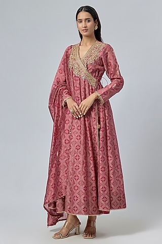Maroon Silk Chanderi Bandhej Printed Angrakha Anarkali Set by Niti Bothra