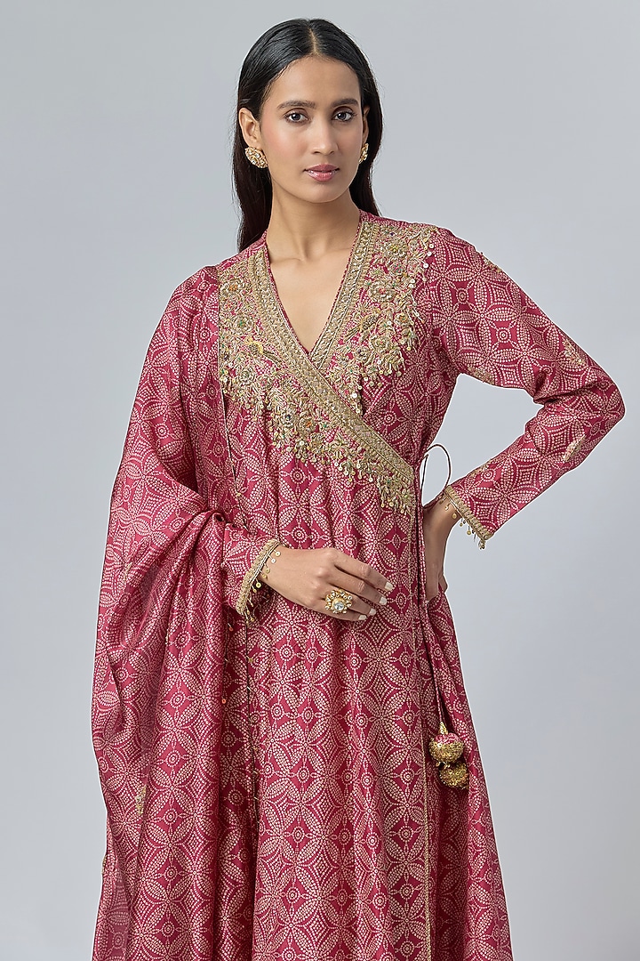 Maroon Silk Chanderi Bandhej Printed Angrakha Wedding Anarkali Set by Niti Bothra at Pernia's Pop Up Shop