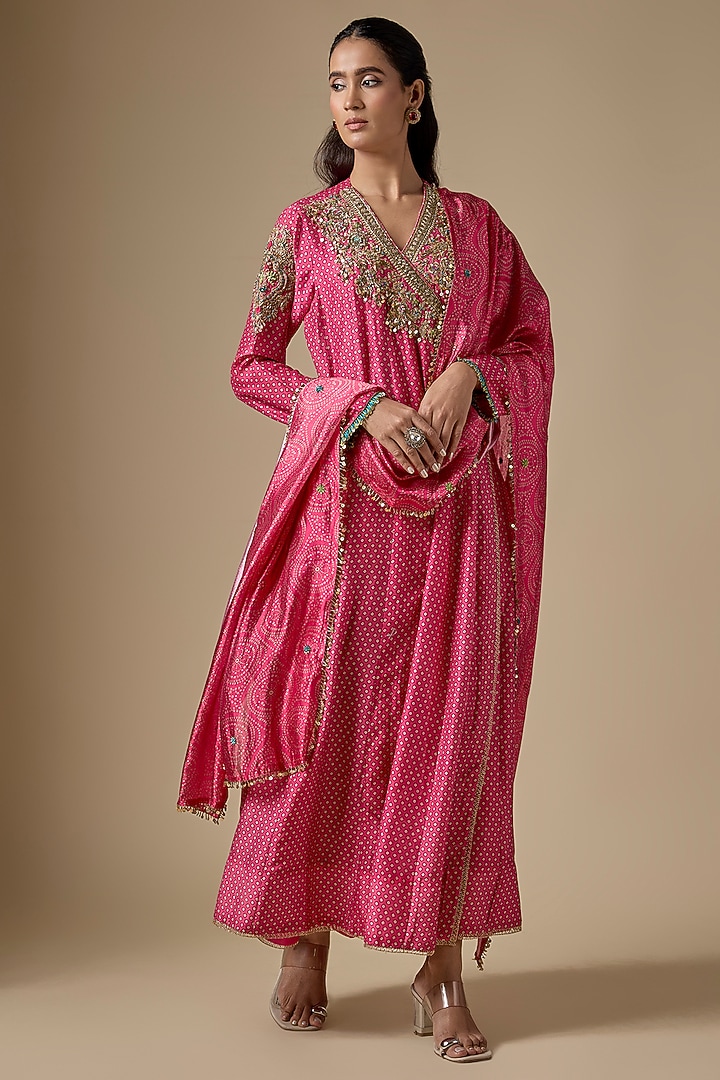 Pink Silk Chanderi Zardosi Embroidered & Printed Kurta Set by Niti Bothra at Pernia's Pop Up Shop