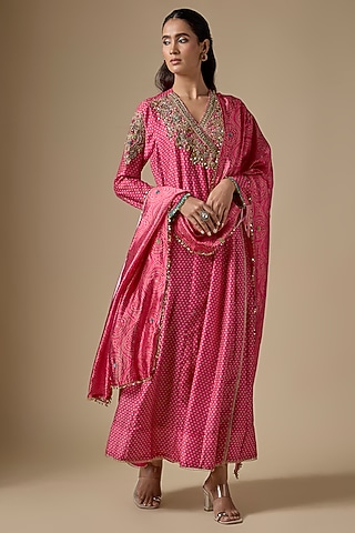 Pink Silk Chanderi Zardosi Embroidered & Printed Kurta Set by Niti Bothra