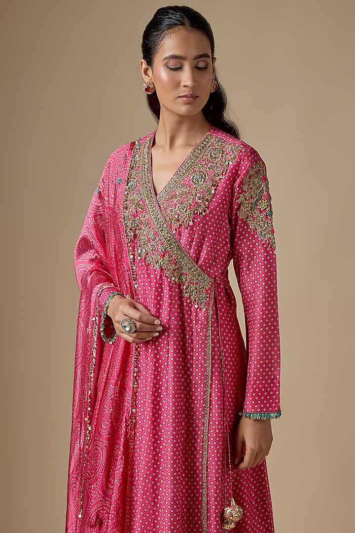 Pink Silk Chanderi Zardosi Embroidered & Printed Kurta Set by Niti Bothra at Pernia's Pop Up Shop