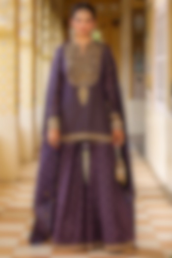 Purple Silk Chanderi Printed Wedding Sharara Set by Niti Bothra at Pernia's Pop Up Shop