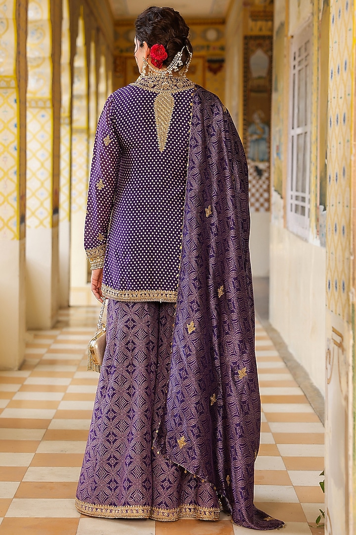 Purple Silk Chanderi Printed Wedding Sharara Set by Niti Bothra at Pernia's Pop Up Shop