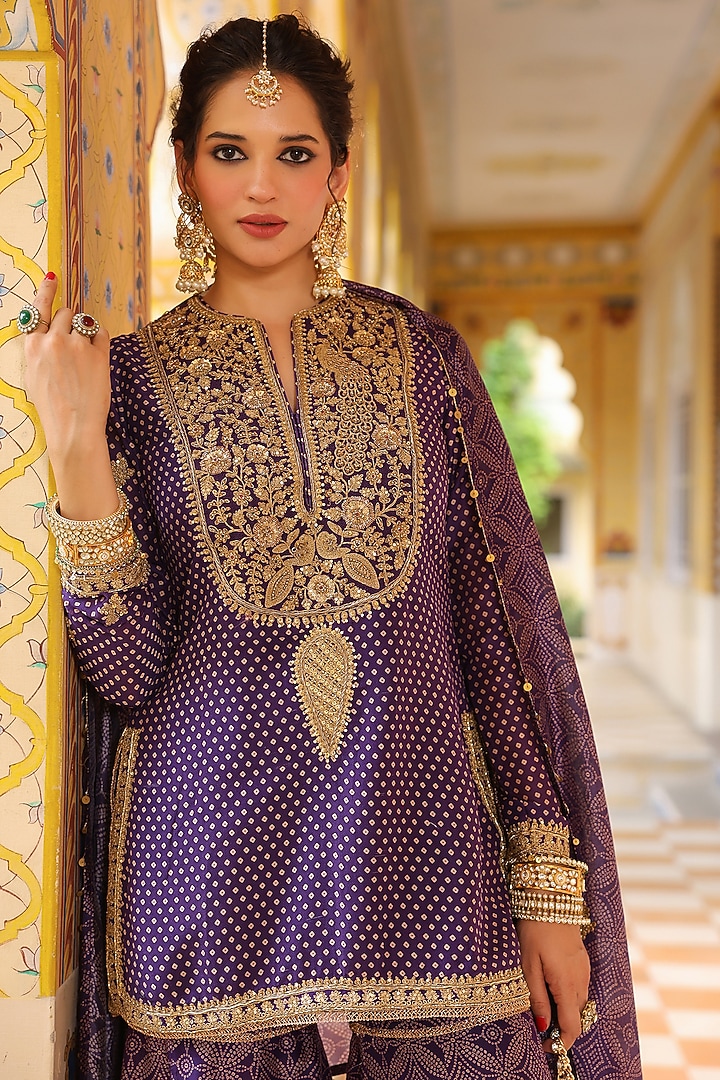 Purple Silk Chanderi Printed Wedding Sharara Set by Niti Bothra at Pernia's Pop Up Shop