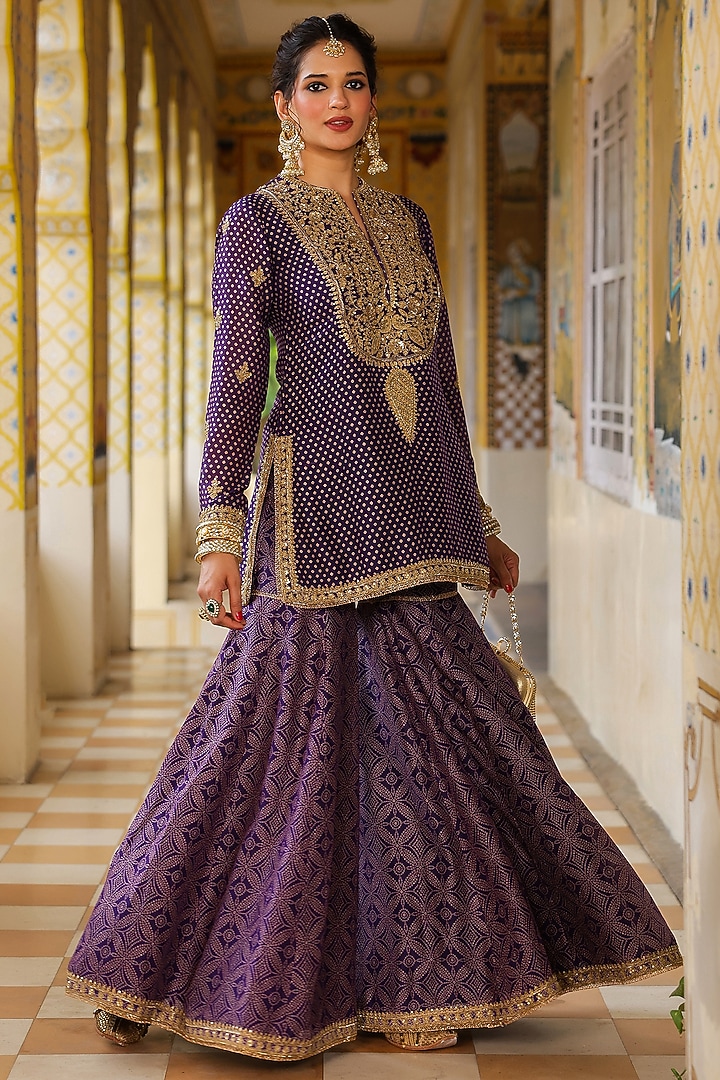 Purple Silk Chanderi Printed Wedding Sharara Set by Niti Bothra at Pernia's Pop Up Shop