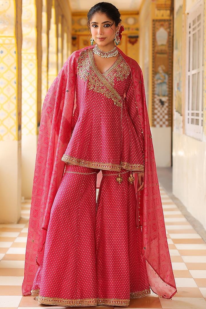 Pink Silk Chanderi Printed Wedding Sharara Set by Niti Bothra at Pernia's Pop Up Shop