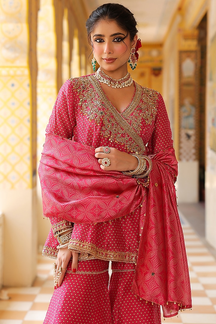 Pink Silk Chanderi Printed Wedding Sharara Set by Niti Bothra at Pernia's Pop Up Shop