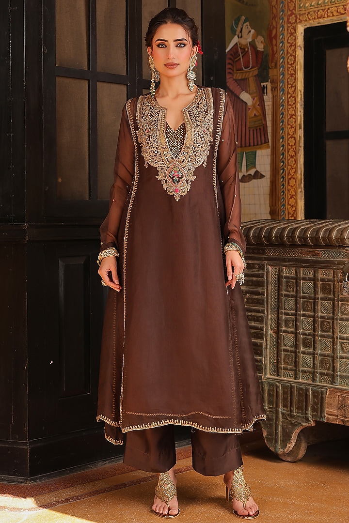 Brown Organza Tikki Embroidered Kurta Set by Niti Bothra at Pernia's Pop Up Shop