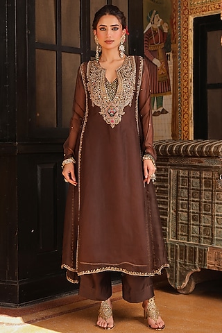 Brown Organza Tikki Embroidered Kurta Set by Niti Bothra
