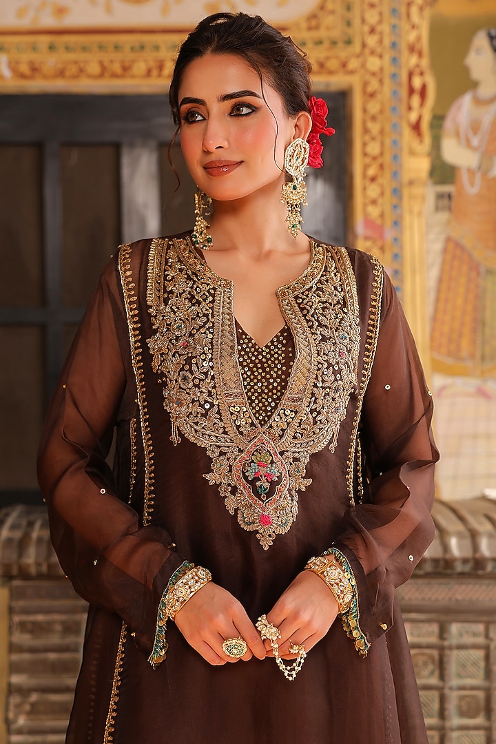 Brown Organza Tikki Embroidered Kurta Set by Niti Bothra at Pernia's Pop Up Shop