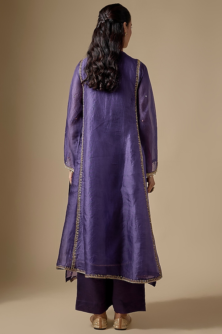 Purple Organza Zardosi Embroidered Long Pheran Kurta Set by Niti Bothra at Pernia's Pop Up Shop