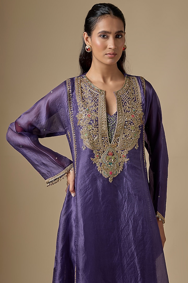 Purple Organza Zardosi Embroidered Long Pheran Kurta Set by Niti Bothra at Pernia's Pop Up Shop