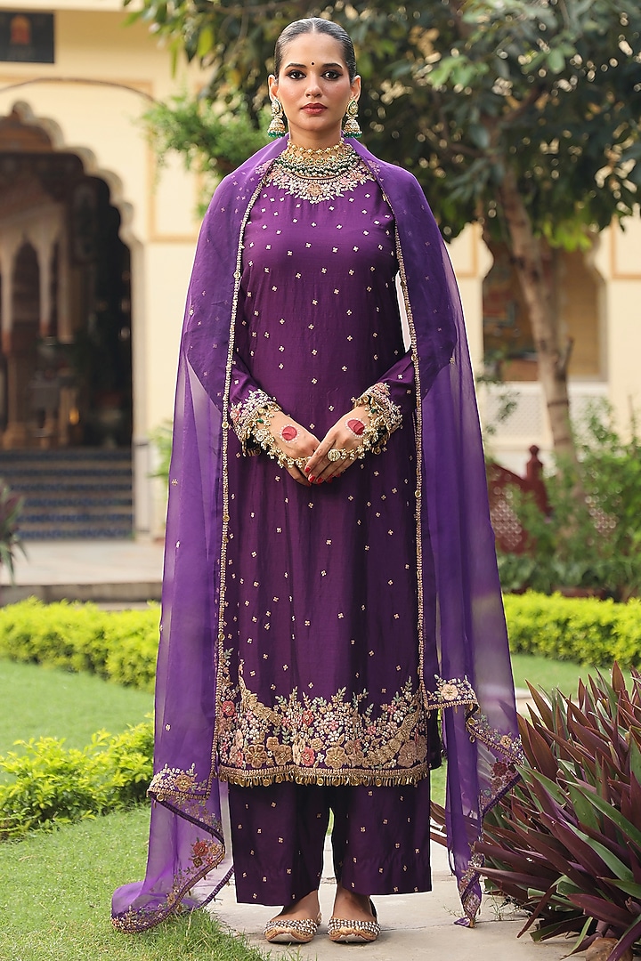 Purple Chiniya Silk Applique Embroidered Kurta Set by Niti Bothra at Pernia's Pop Up Shop