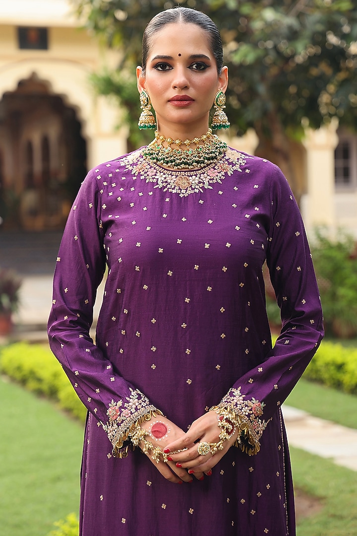 Purple Chiniya Silk Applique Embroidered Kurta Set by Niti Bothra at Pernia's Pop Up Shop