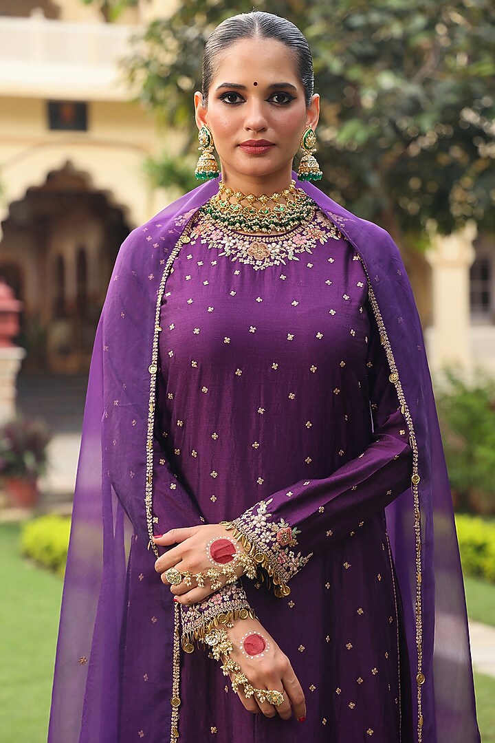 Purple Chiniya Silk Applique Embroidered Kurta Set by Niti Bothra at Pernia's Pop Up Shop