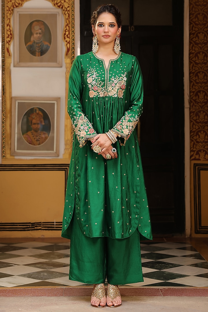 Green Silk Tencel Zardosi Embroidered Kurta Set by Niti Bothra at Pernia's Pop Up Shop