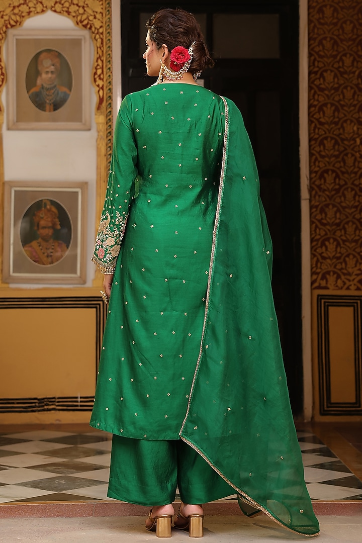 Green Silk Tencel Zardosi Embroidered Kurta Set by Niti Bothra at Pernia's Pop Up Shop