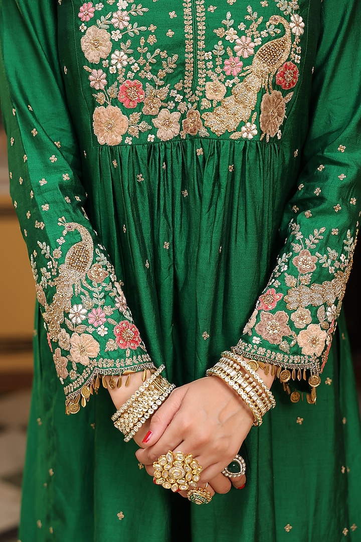 Green Silk Tencel Zardosi Embroidered Kurta Set by Niti Bothra at Pernia's Pop Up Shop
