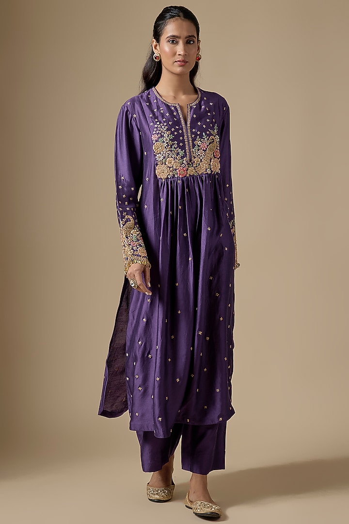 Purple Silk Tencel Zardosi Embroidered Kurta Set by Niti Bothra at Pernia's Pop Up Shop