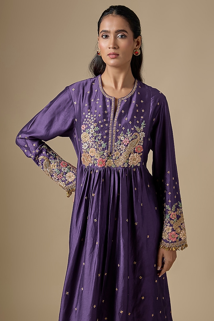 Purple Silk Tencel Zardosi Embroidered Kurta Set by Niti Bothra at Pernia's Pop Up Shop