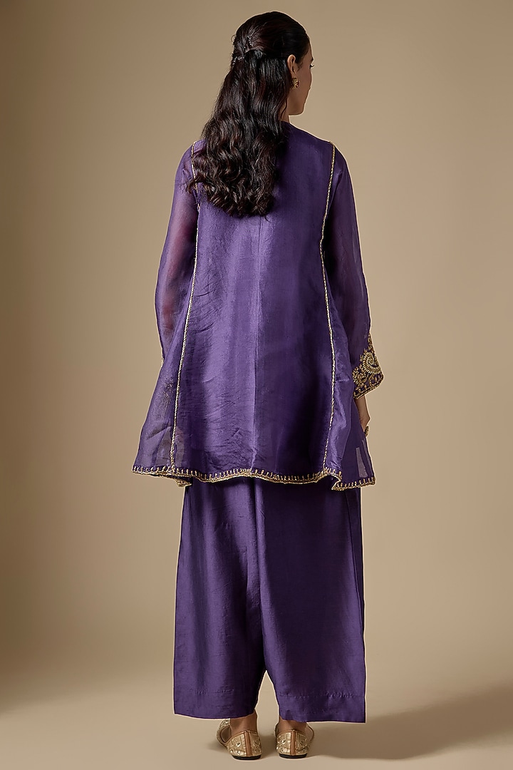 Purple Organza Zardosi Embroidered Short Pheran Kurta Set by Niti Bothra at Pernia's Pop Up Shop