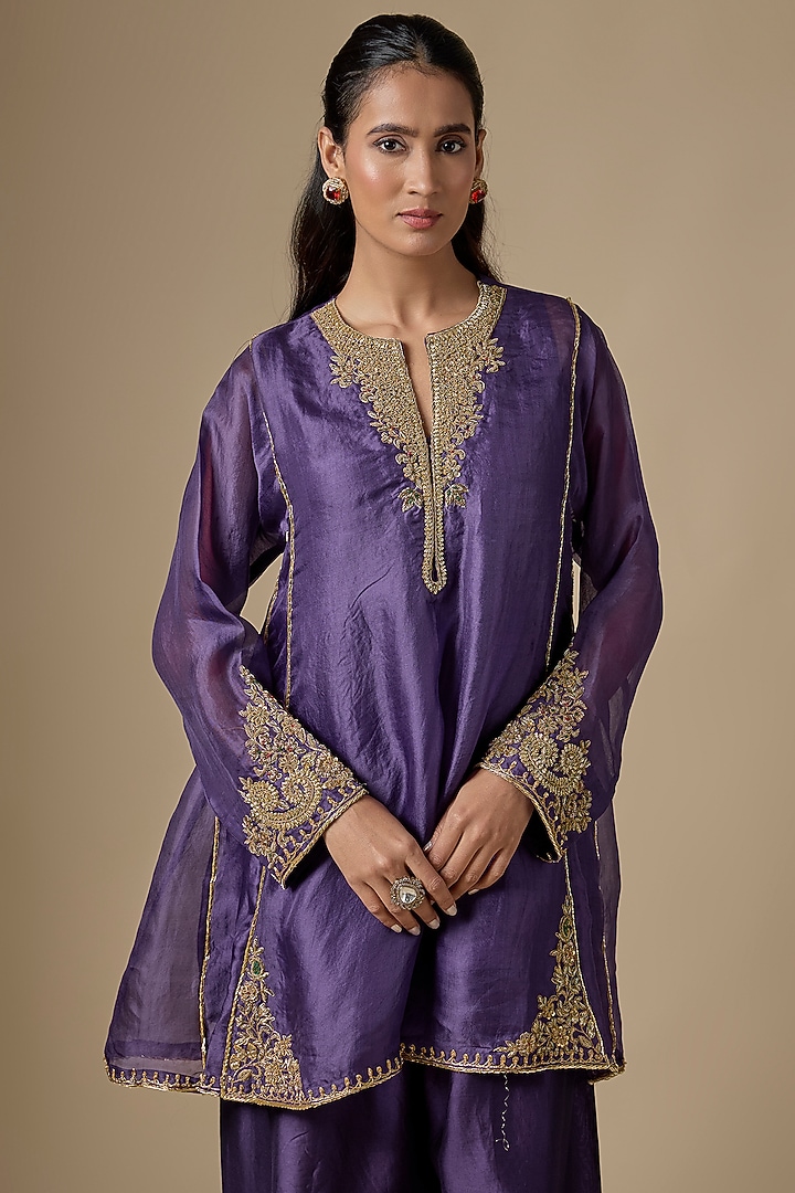 Purple Organza Zardosi Embroidered Short Pheran Kurta Set by Niti Bothra at Pernia's Pop Up Shop