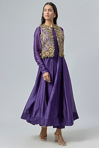 Purple Silk Chanderi Zardosi & Resham Embroidered Anarkali Set by Niti Bothra