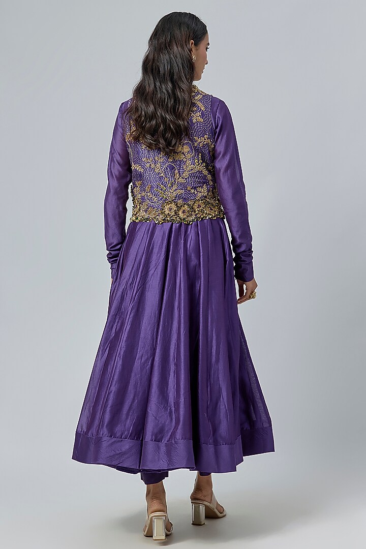 Purple Silk Chanderi Zardosi & Resham Embroidered Wedding Anarkali Set by Niti Bothra at Pernia's Pop Up Shop