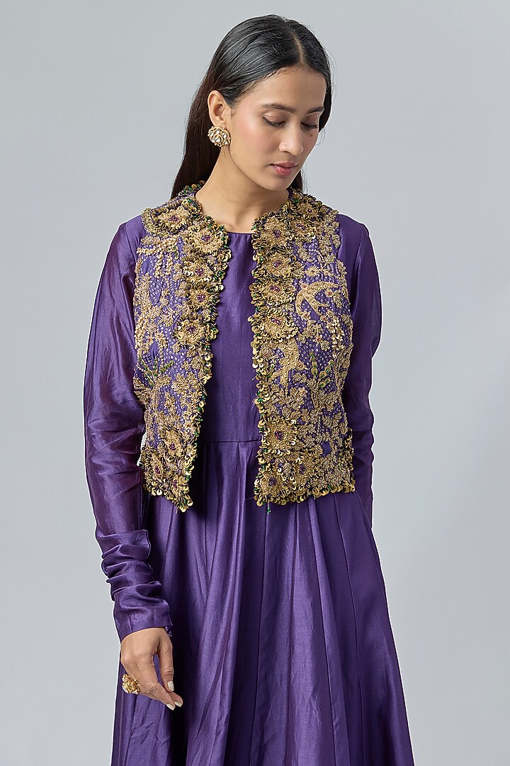 Purple Silk Chanderi Zardosi & Resham Embroidered Wedding Anarkali Set by Niti Bothra at Pernia's Pop Up Shop