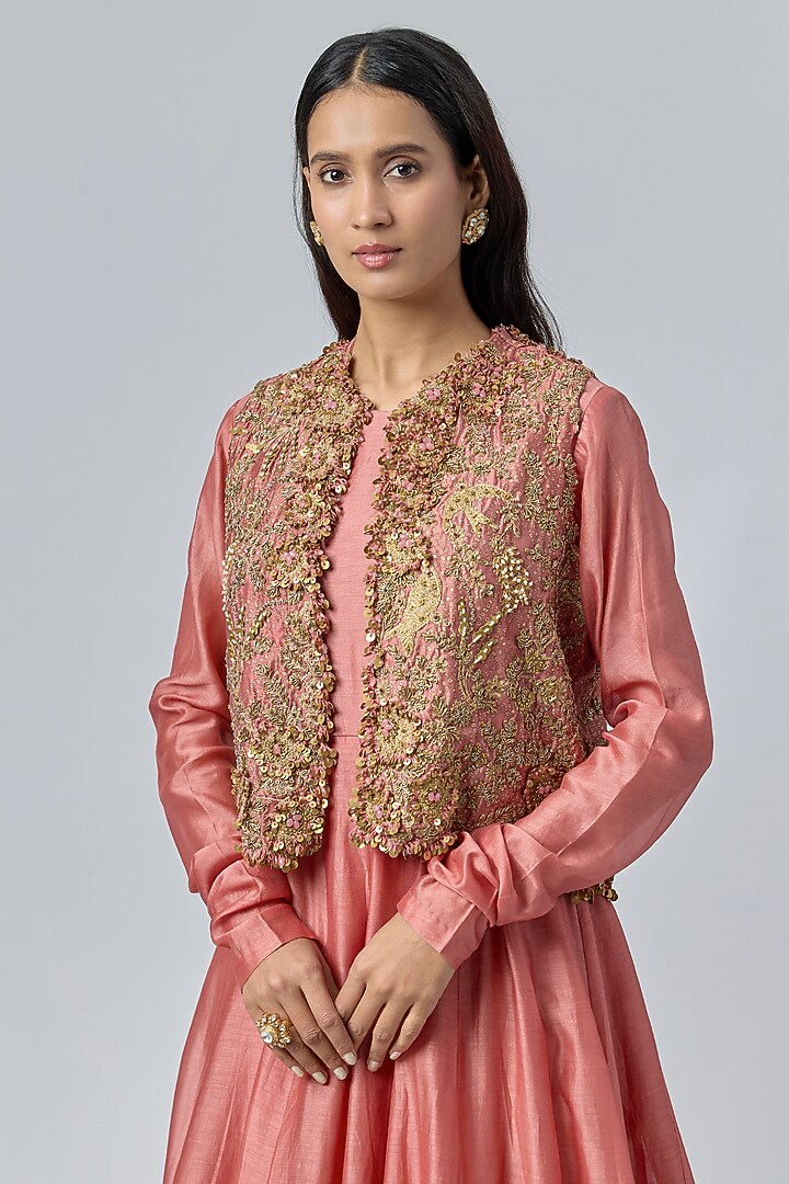 Pink Silk Chanderi Zardosi & Resham Embroidered Wedding Anarkali Set by Niti Bothra at Pernia's Pop Up Shop