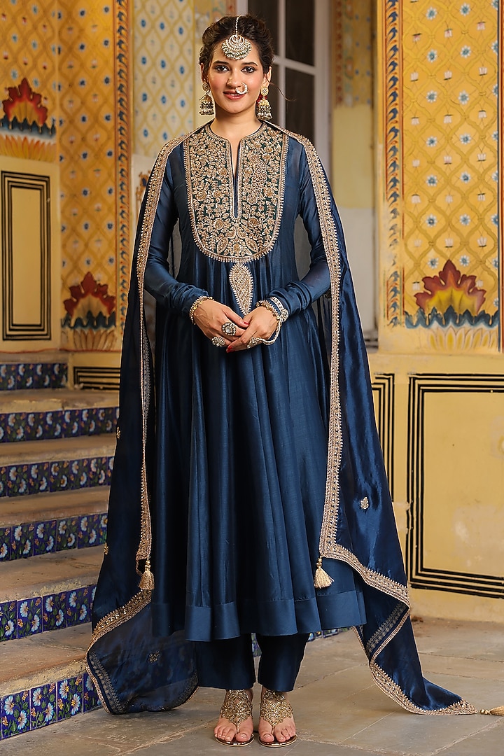 Blue Silk Chanderi Zardosi Embroidered Kalidar Kurta Set by Niti Bothra at Pernia's Pop Up Shop