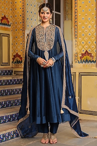 Blue Silk Chanderi Zardosi Embroidered Kalidar Kurta Set by Niti Bothra