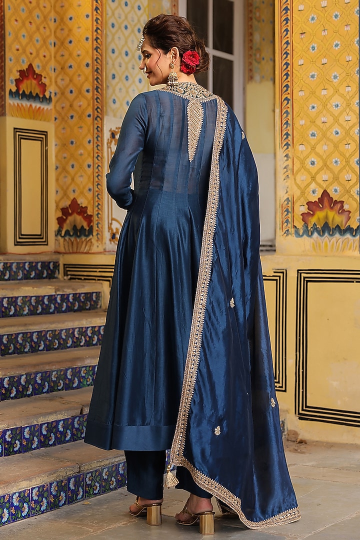 Blue Silk Chanderi Zardosi Embroidered Kalidar Kurta Set by Niti Bothra at Pernia's Pop Up Shop