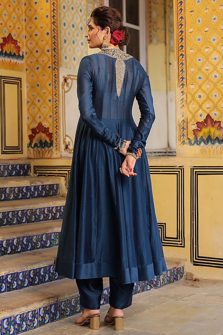 Blue Silk Chanderi Zardosi Embroidered Kalidar Kurta Set by Niti Bothra at Pernia's Pop Up Shop