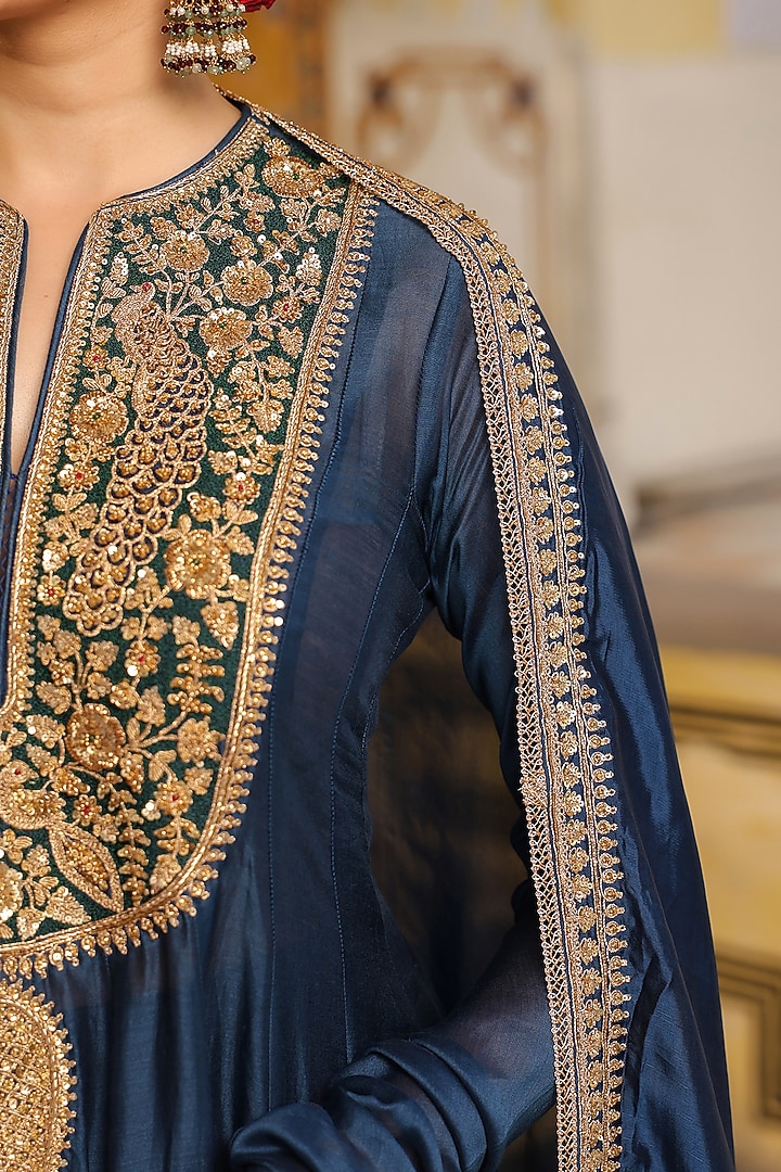Blue Silk Chanderi Zardosi Embroidered Kalidar Kurta Set by Niti Bothra at Pernia's Pop Up Shop