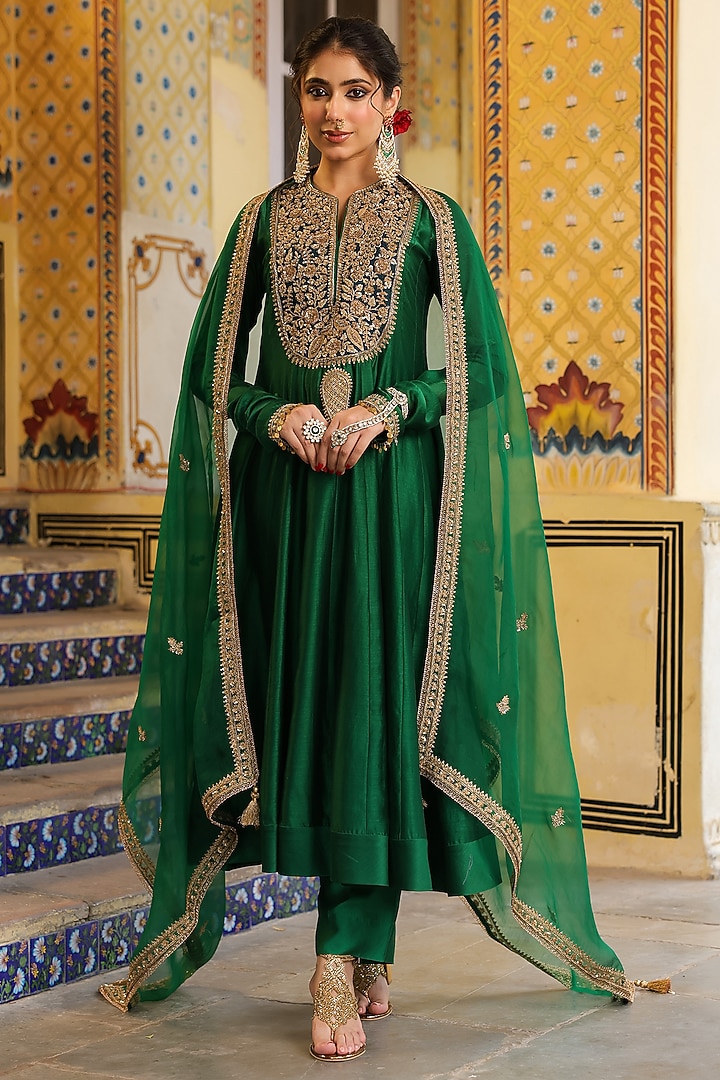 Green Silk Chanderi Zardosi Embroidered Kalidar Kurta Set by Niti Bothra at Pernia's Pop Up Shop