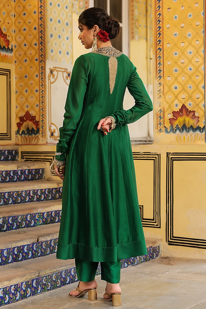 Green Silk Chanderi Zardosi Embroidered Kalidar Kurta Set by Niti Bothra at Pernia's Pop Up Shop