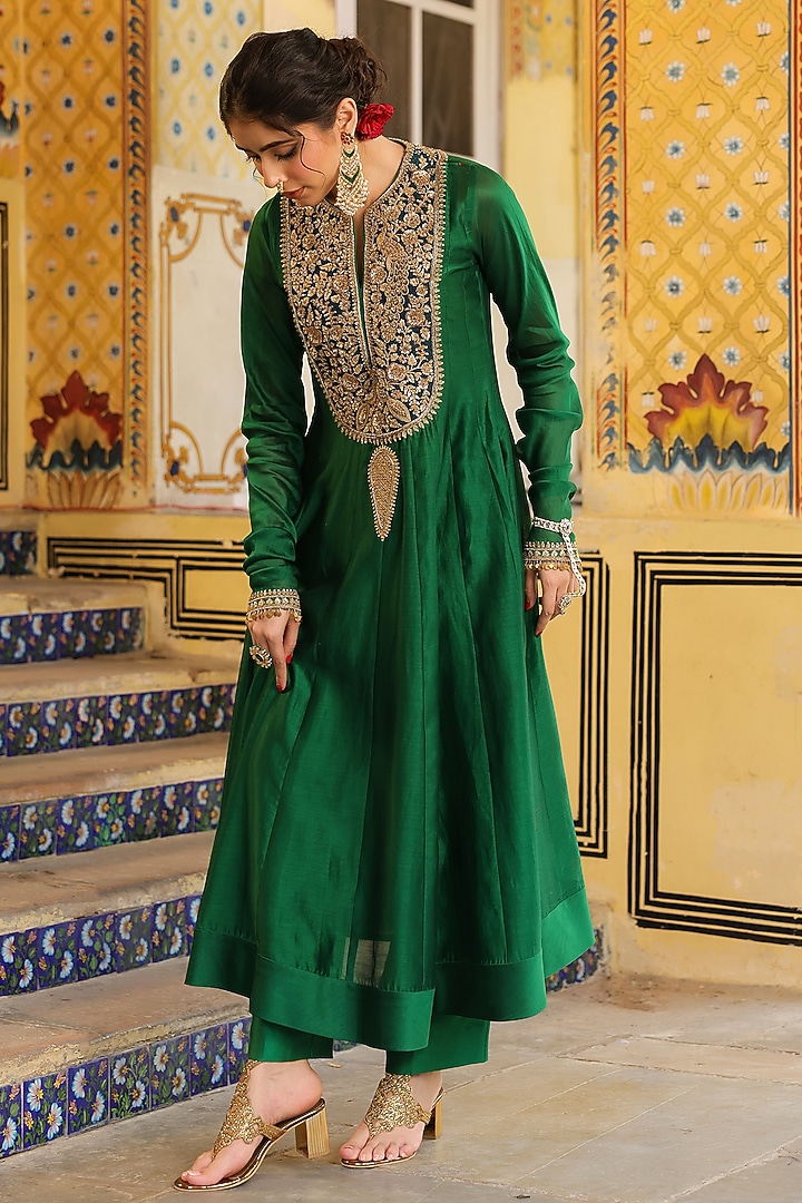 Green Silk Chanderi Zardosi Embroidered Kalidar Kurta Set by Niti Bothra at Pernia's Pop Up Shop