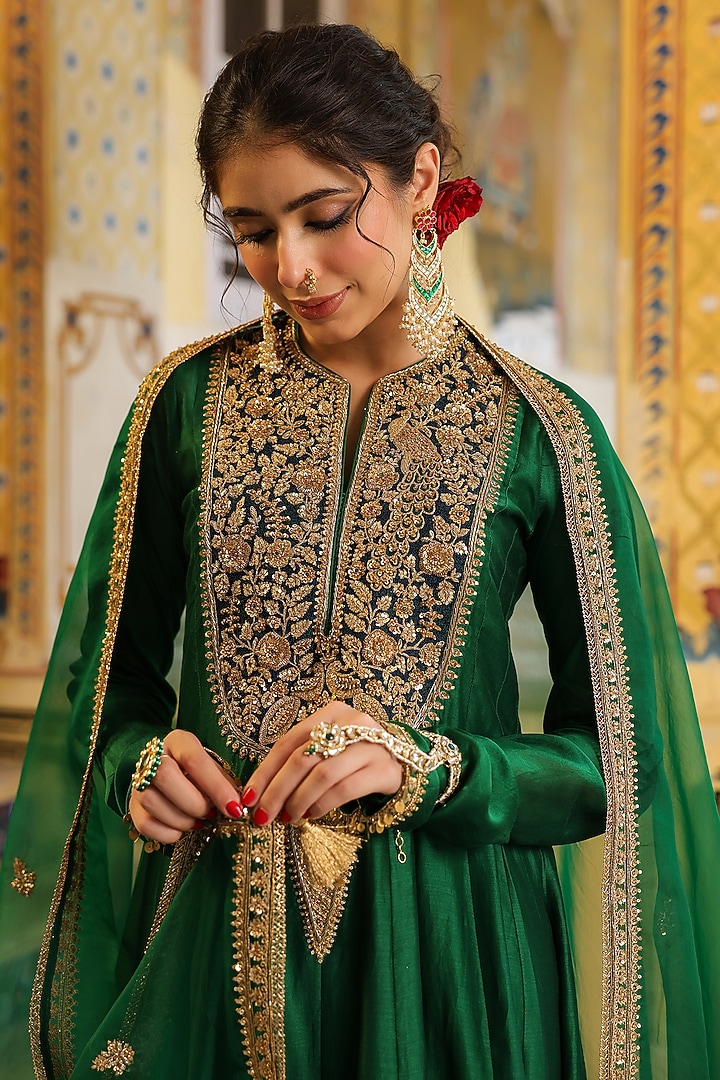 Green Silk Chanderi Zardosi Embroidered Kalidar Kurta Set by Niti Bothra at Pernia's Pop Up Shop