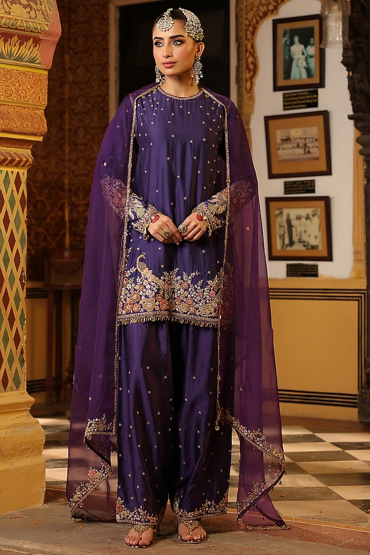 Purple Chiniya Silk Zardosi Embroidered Kurta Set by Niti Bothra at Pernia's Pop Up Shop