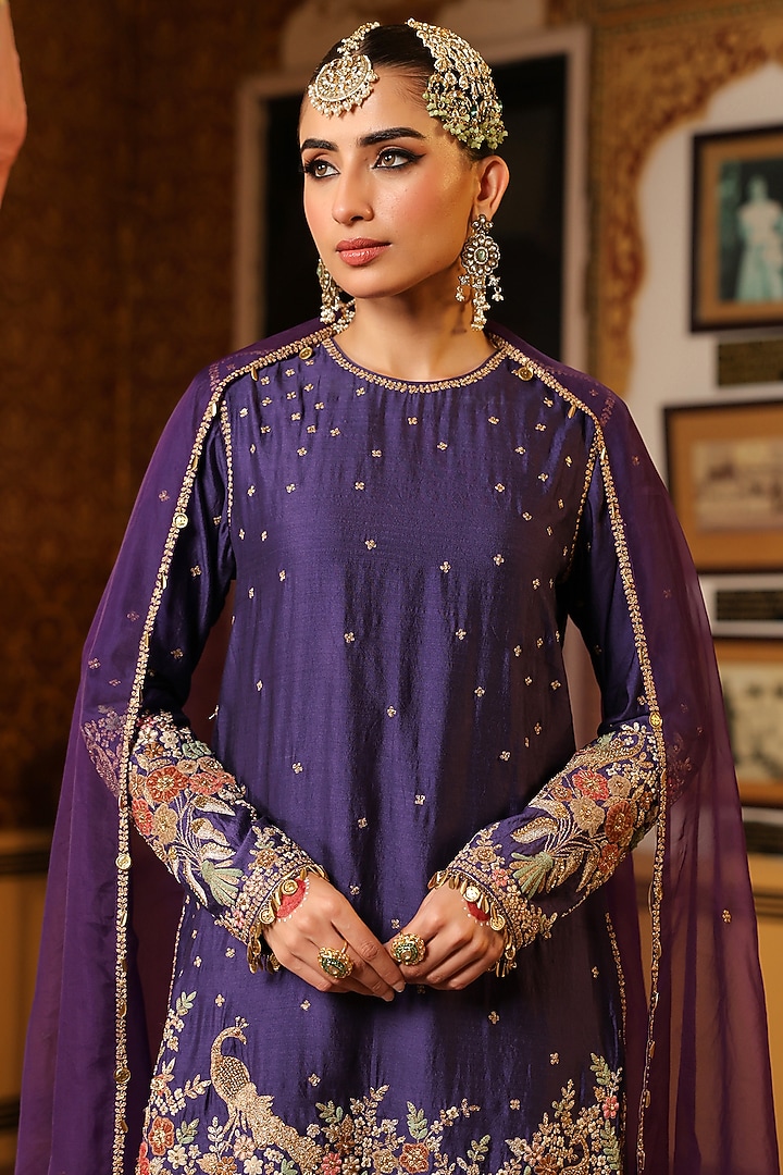 Purple Chiniya Silk Zardosi Embroidered Kurta Set by Niti Bothra at Pernia's Pop Up Shop