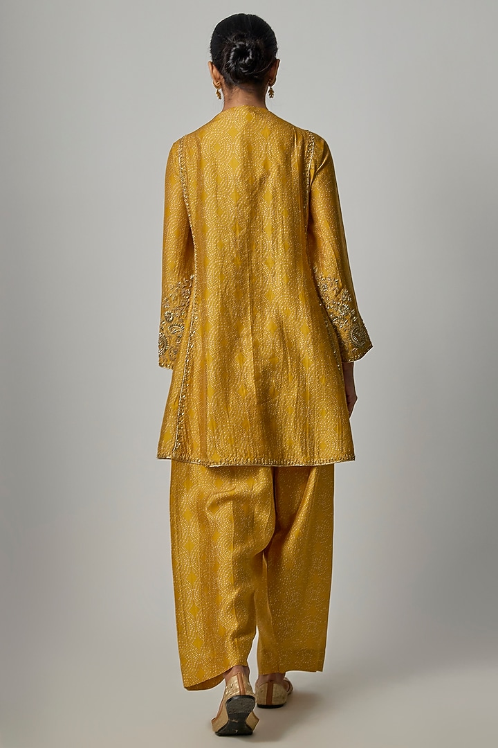 Mustard Yellow Silk Digital Printed & Zardosi Embroidered Kurta Set by Niti Bothra at Pernia's Pop Up Shop